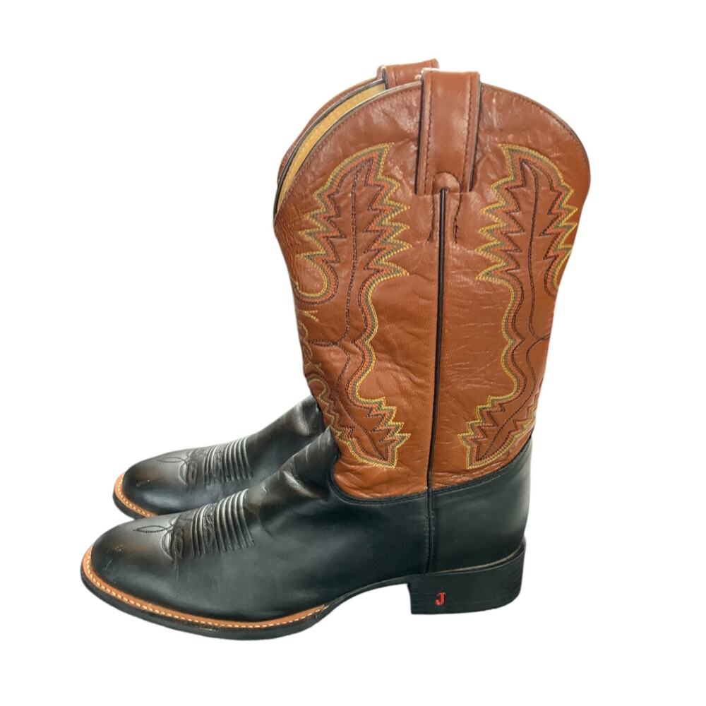 Justin Boots Mens 9D Black Brown Leather Western Cowboy Boots USA Made Tough
